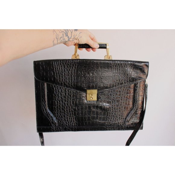 Vintage Handbags - Vintage 1970s 1980s Briefcase / Stamped Leather Attache / With Lock, Handle,